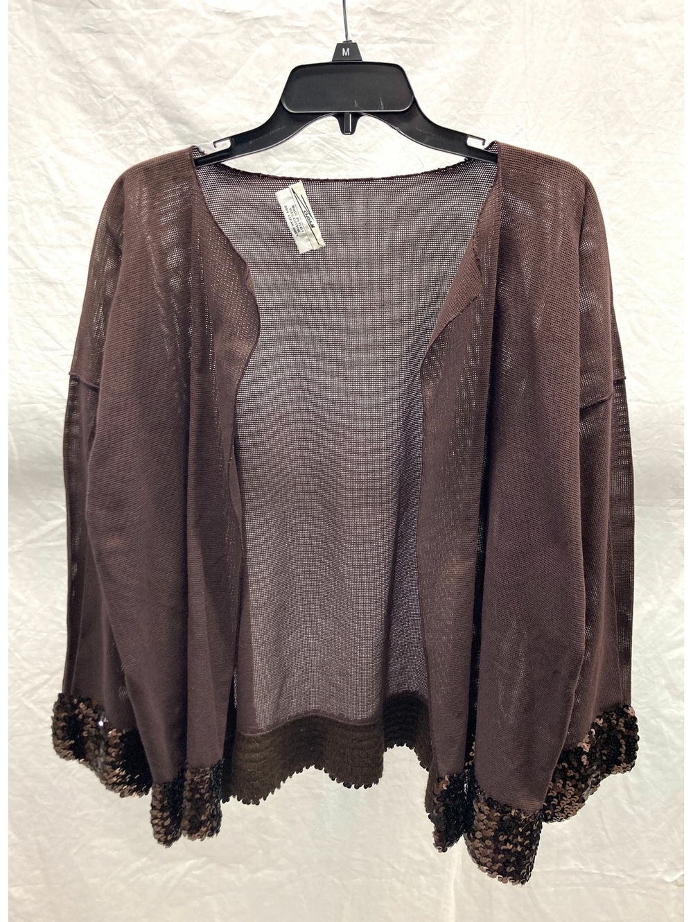 Zoran Brown Semi-Sheer Cotton w/ Sequin Trim Open Jacket One Size